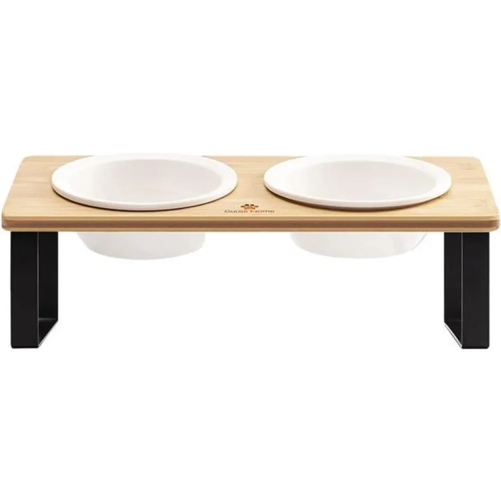 Ceramic Elevated Cat Bowls, Raised Puppy Dishes for Food and Water, Bamboo Stand